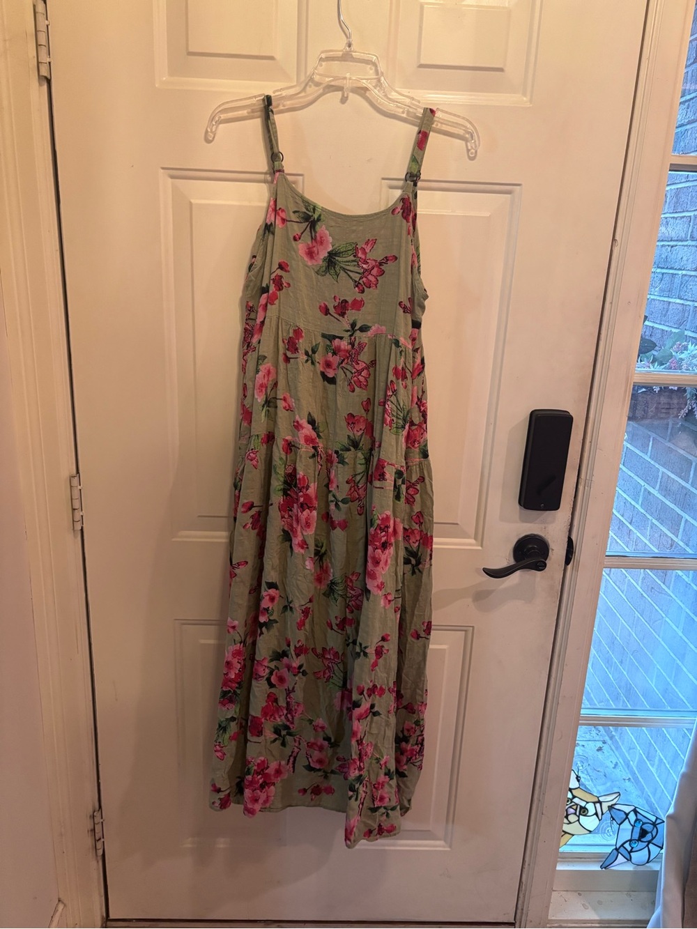 Olive Green Floral Midi Dress with Pink Blooms - Picture 2 of 5